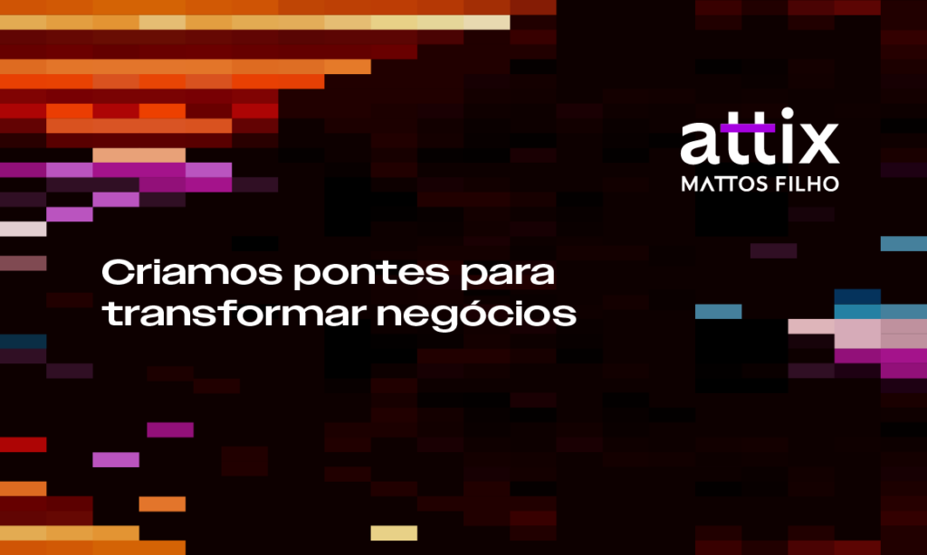 imagem com fundo preto e retângulos coloridos formando um moisaico com o logotipo do programa de inovação attix e com a frase "criamos pontes para transformar negócios"