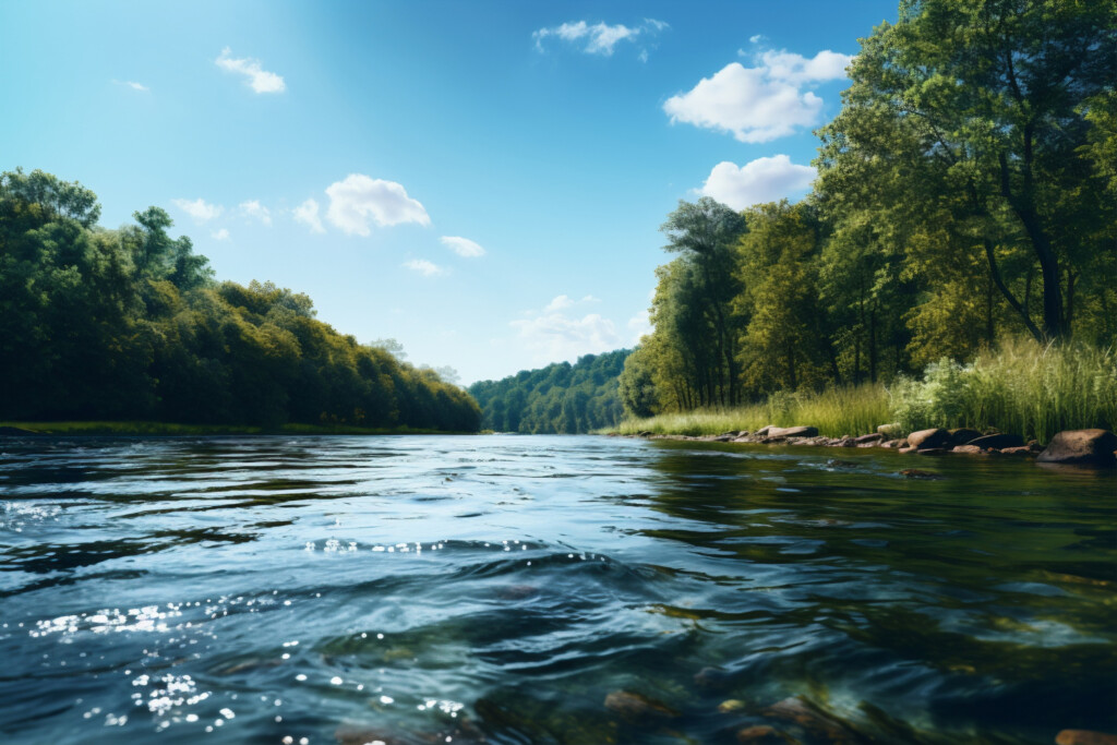 Paisagem natural com rio e vegetações ao fundo