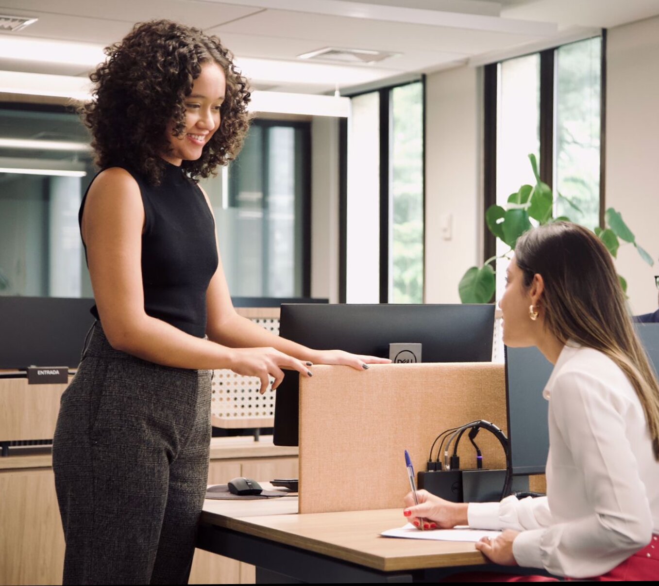 Na imagem tem duas profissionais do escritório interagindo, uma em pé e outra sentada, dentro do escritório