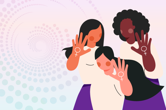 Imagem colorida com o desenho de três mulheres, de diferentes raças, representando a liderança feminina nos negócios