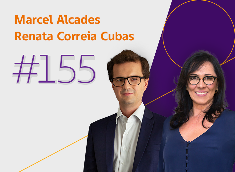 Imagem com duas pessoas brancas em um fundo cinza com detalhes roxos e laranja. Os nomes "Marcel Alcades" e "Renata Correia Cubas" e a #155 estão no canto superior esquerdo.