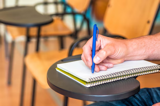 Mão de uma pessoa branca escrevendo em um caderno com uma caneta azul
